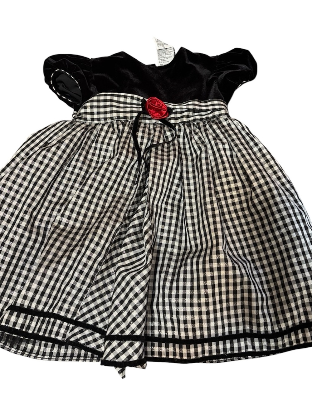 🟠Youngland Black and White Gingham Velvet Dress with Red Rose Accent